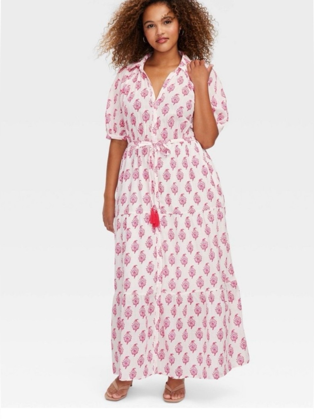 Roller Rabbit Sz L Maxi Dress Cotton Vibrant Pink White Floral Print Boho Tassel
